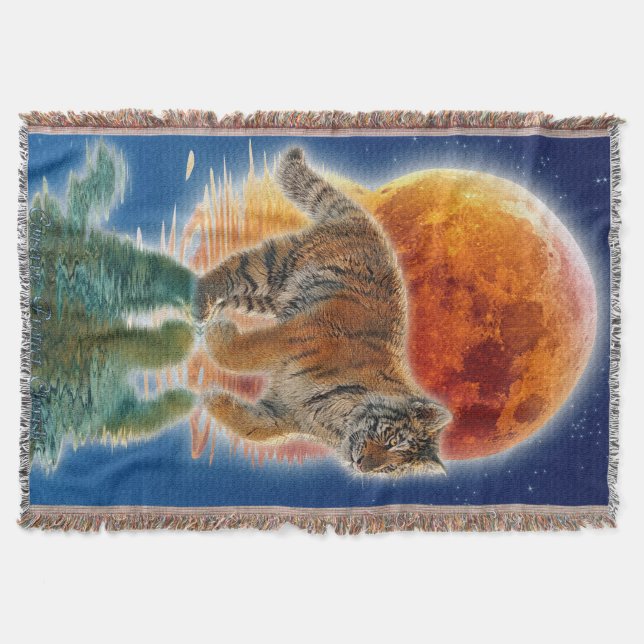Amur Tiger Cub & Moon Wildlife Fantasy Art Throw Blanket (Front)