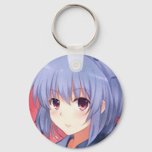 Amused anime girl lavender hair plum eyes manga key ring