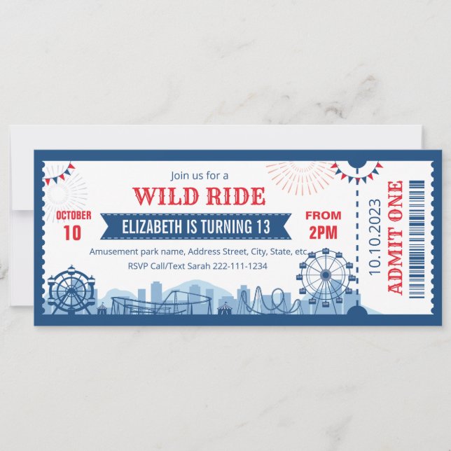 Amusement park birthday invitation ticket  (Front)