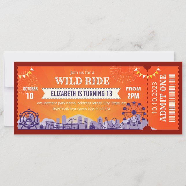 Amusement park birthday invitation ticket  (Front)