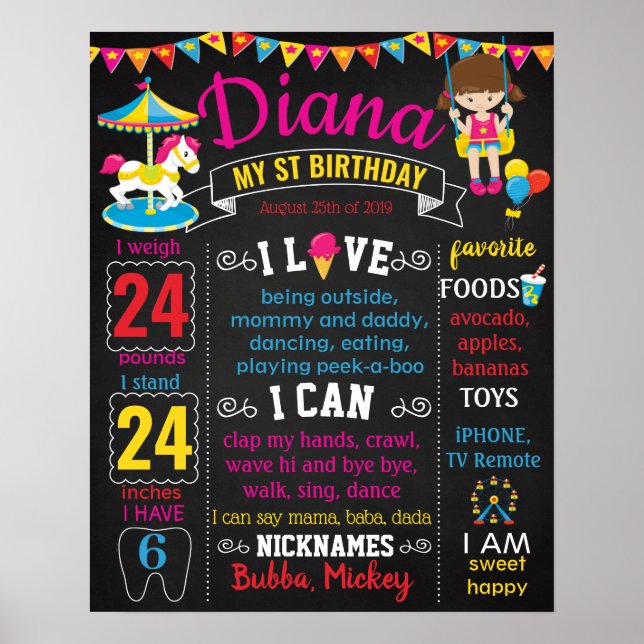 Amusement park Carousel Carnival Birthday board Poster (Front)