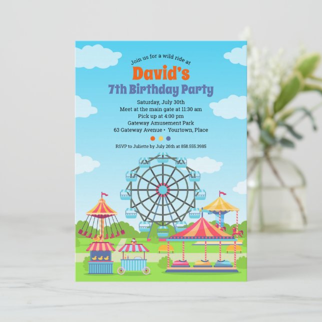Amusement Park Funfair Childs Birthday Party Invitation (Standing Front)