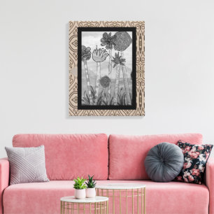Amusing Flowers and Stems Black-White Canvas Print