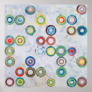 An abstract painting; multicolored circles on a gr poster