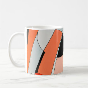 An abstract painting of curved black, white and re coffee mug