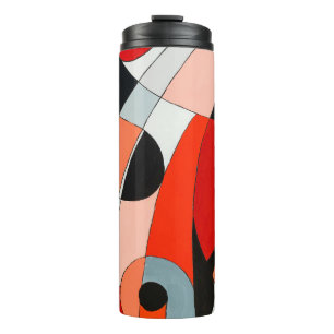 An abstract painting of curved black, white and re thermal tumbler