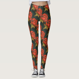 An abstract red and green floral tiled rose bud leggings