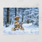 An acorn elf is biking to work in winter