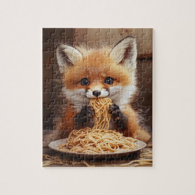 An adorable baby red fox eating spaghetti jigsaw puzzle (Vertical)