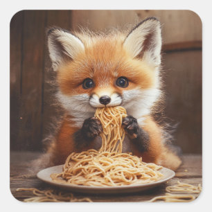 An adorable baby red fox eating spaghetti square sticker