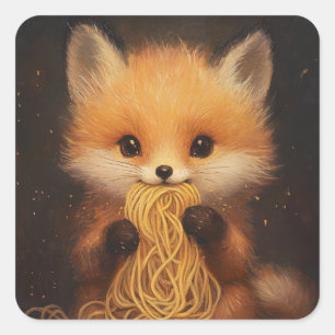 An adorable baby red fox eating spaghetti square sticker