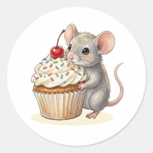 An Adorable Birthday Mouse with Cupcake Classic Round Sticker