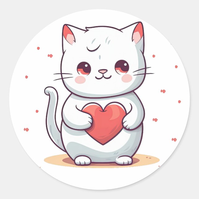 An adorable cat holding a heart classic round sticker (Front)