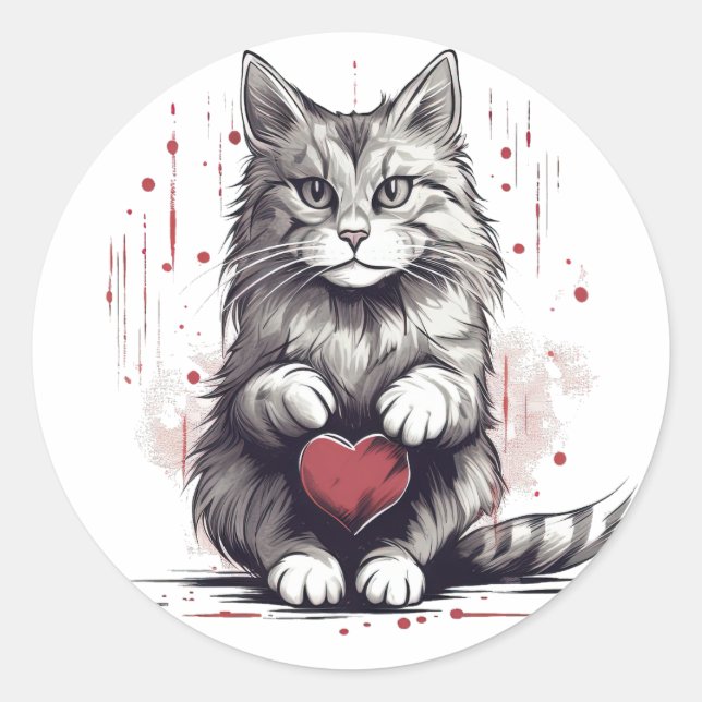 An adorable cat holding a heart classic round sticker (Front)