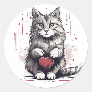 An adorable cat holding a heart classic round sticker