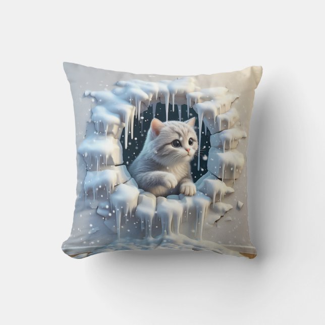 An Adorable Cat in a Snowy Hideaway Cushion (Front)