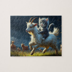 An adorable cat riding a goat jigsaw puzzle