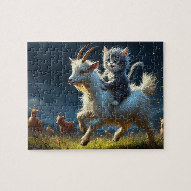 An adorable cat riding a goat jigsaw puzzle (Horizontal)