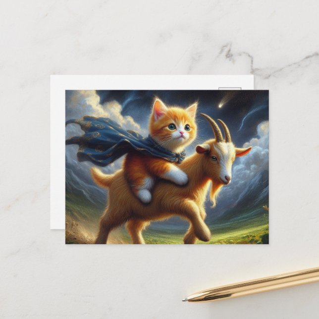 An adorable ginger kitten riding a goat postcard (Front/Back In Situ)