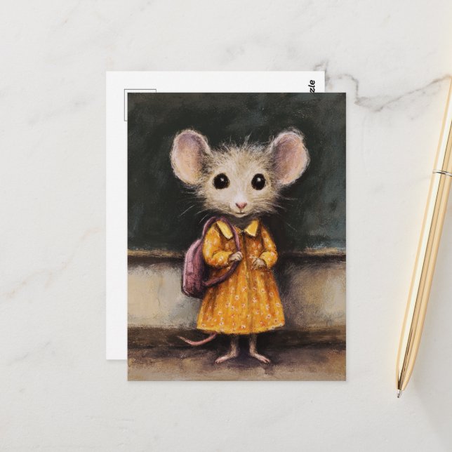 An Adorable Mouse on Her First Day of School Postcard (Front/Back In Situ)