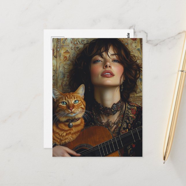 an adorable musician and her ginger kitty  postcard (Front/Back In Situ)