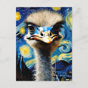 an adorable ostrich in a starry night postcard