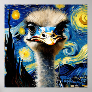 an adorable ostrich in a starry night  postcard poster