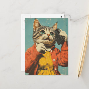 An adorable retro style cat on her cellphone postcard