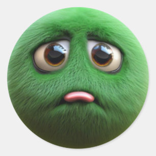 An adorable sad fuzzy green ball character classic round sticker