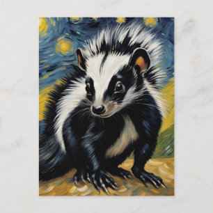 an adorable skunk in a starry night postcard