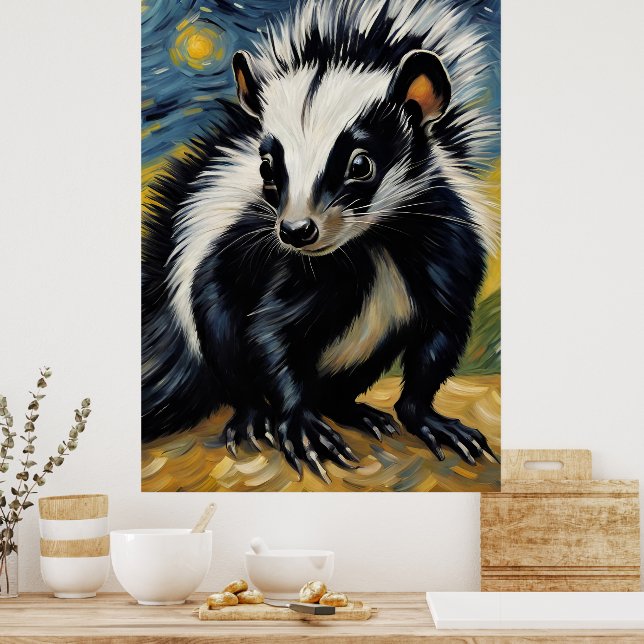 an adorable skunk in a starry night  poster (Kitchen)