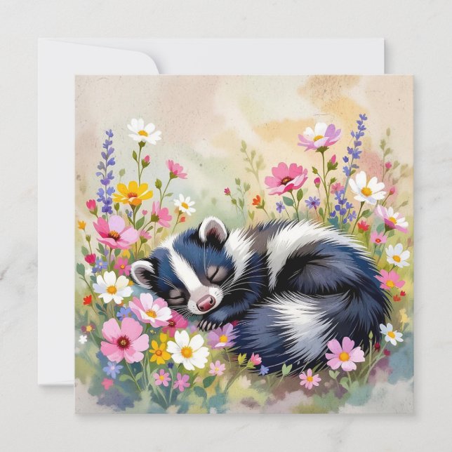 An Adorable Skunk Napping in Flowers (Front)