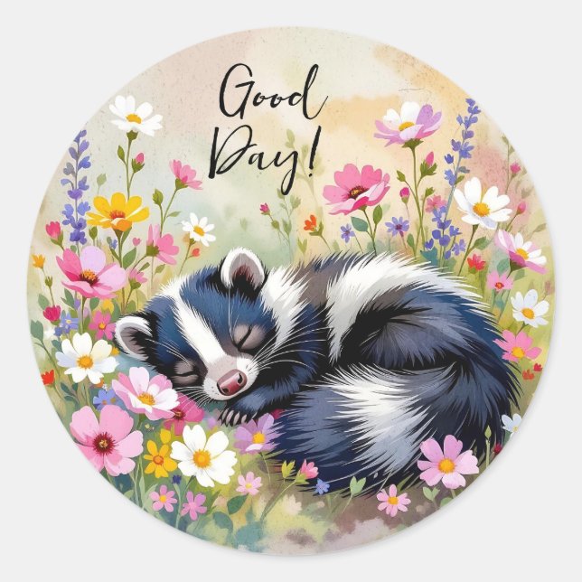 An Adorable Skunk Napping in Flowers | Good Day Classic Round Sticker (Front)