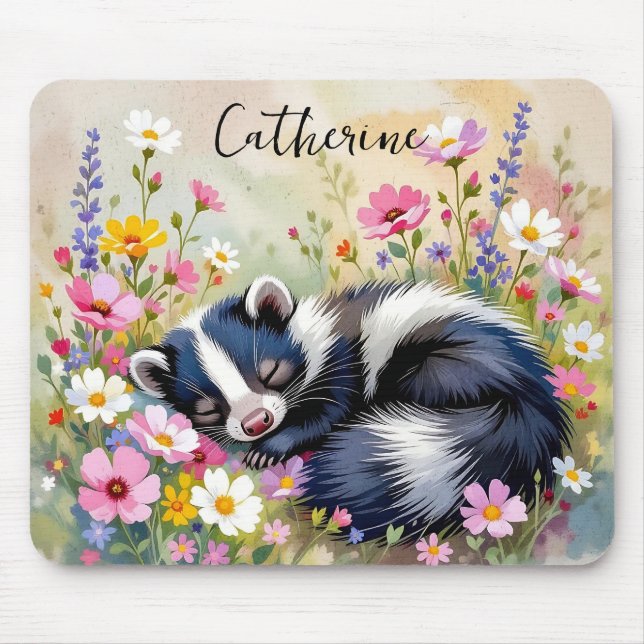 An Adorable Skunk Napping in Flowers Personalised Mouse Mat (Front)