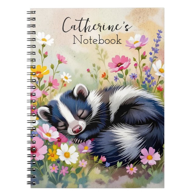 An Adorable Skunk Napping in Flowers Personalised Notebook (Front)