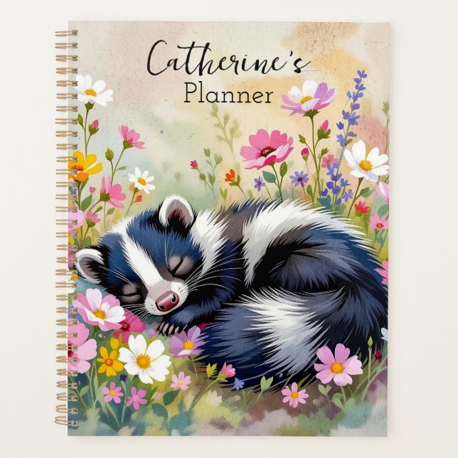 An Adorable Skunk Napping in Flowers Personalised Planner (Front)