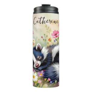 An Adorable Skunk Napping in Flowers Personalised Thermal Tumbler