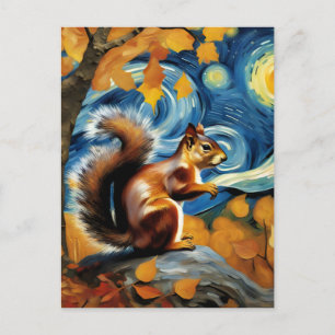an adorable squirrel in a starry night postcard