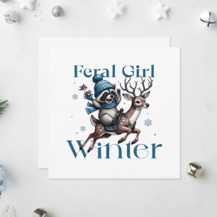 An adventurous raccoon riding a cheerful deer. holiday card