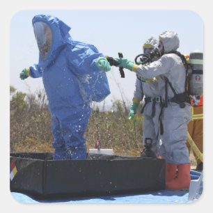 An airman stands in a tub square sticker