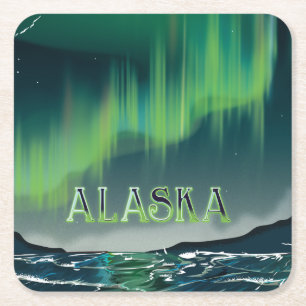 An Alaskan Aurora Vintage Travel poster Square Paper Coaster