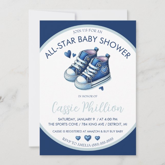 An All-Star Baby Shower, Blue High Top Sneakers  Invitation (Front)