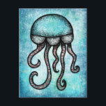 An Amenable Jellyfish Postcard<br><div class="desc">An Amenable Jellyfish features a whimsical drawn jellyfish on a blue and aqua background with book page and red accents.</div>