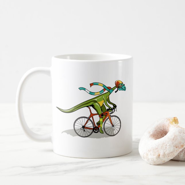 An Anabisetia Dinosaur Riding A Bicycle. Coffee Mug (With Donut)