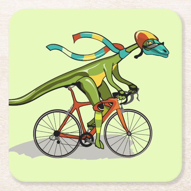 An Anabisetia Dinosaur Riding A Bicycle. Square Paper Coaster (Front)