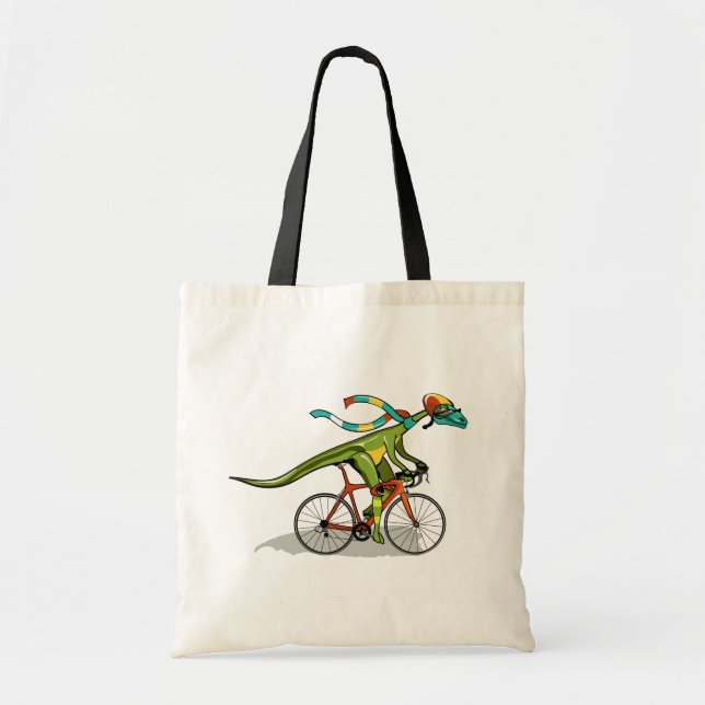 An Anabisetia Dinosaur Riding A Bicycle. Tote Bag (Front)