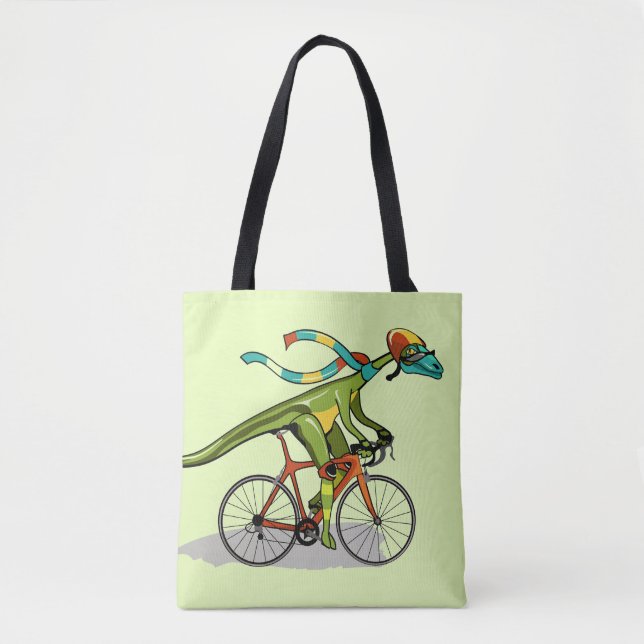 An Anabisetia Dinosaur Riding A Bicycle. Tote Bag (Front)
