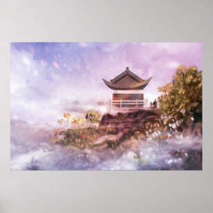 An Ancient Chinese Building on a Mountain Top Poster