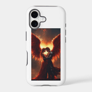 an angel flying hugging a demon flying