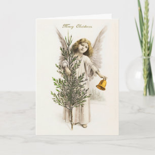 An angel holding a Christmas bell Vintage Holiday Card